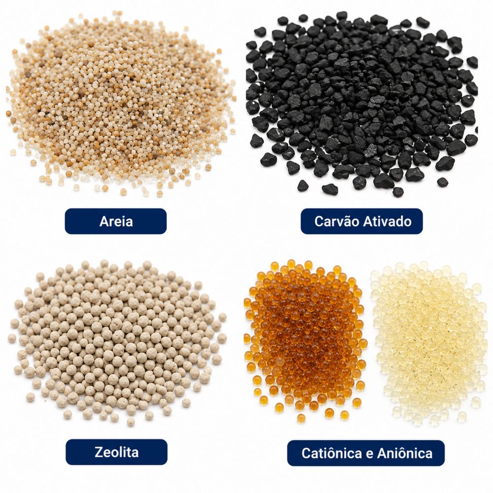 Leitos Filtrantes — areia, carvão, zeólita e resinas